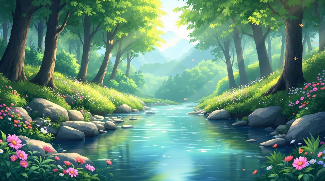 搜短剧在线 - 清澈甘甜的治愈剧场，山间清泉流淌在绿意盎然的森林中，晨光洒落，温暖治愈